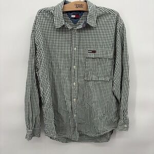 VTG Tommy Jeans Mens Green & White Plaid Long Sleeve Button-Down Shirt Large